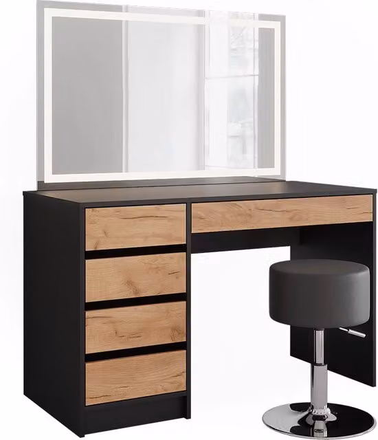 Tavolo da toilette Sherry Antracite/Rovere dorato 120 x 145 cm con specchio LED e sgabello Vicco
