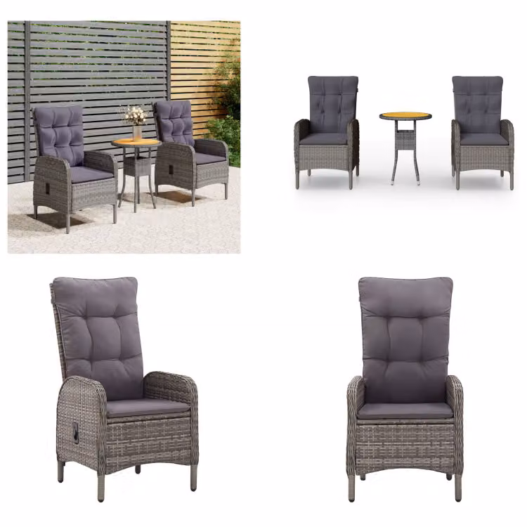 vidaXL Set bistrot da giardino 3 pezzi in rattan grigio - set bistrot - set bistrot - set patio - set mobili patio