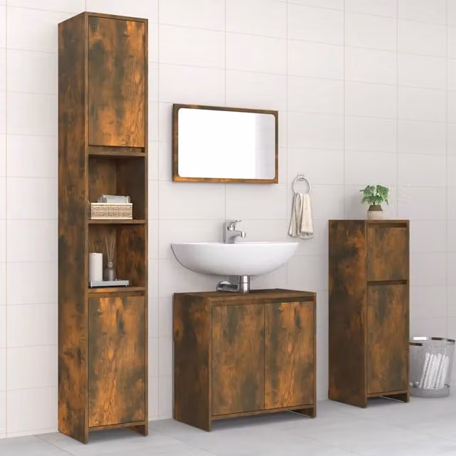 Set di mobili da bagno moderno vidaXL in legno color marrone composto da armadietto a specchio, armadio a muro, colonna alta e mobile lavabo