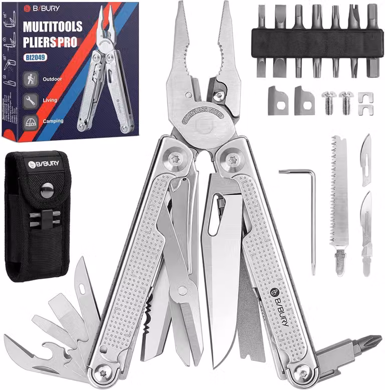 Pinza multifunzione 32-in-1, in acciaio inossidabile, pieghevole, con forbici e cacciaviti, ideale per il campeggio