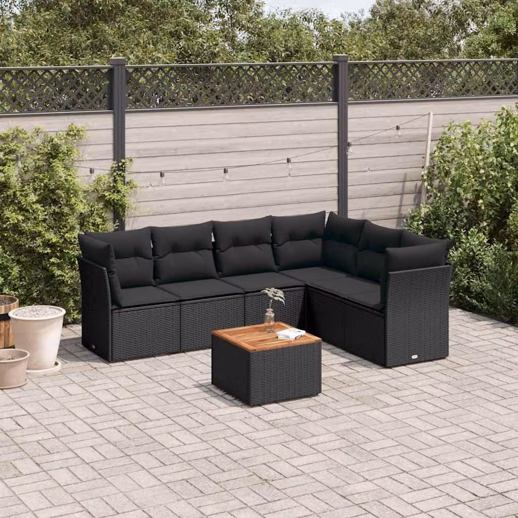 Set Divani da Giardino a L vidaXL in Polyrattan Nero con 7 Cuscini e Tavolino da Esterno – 1
