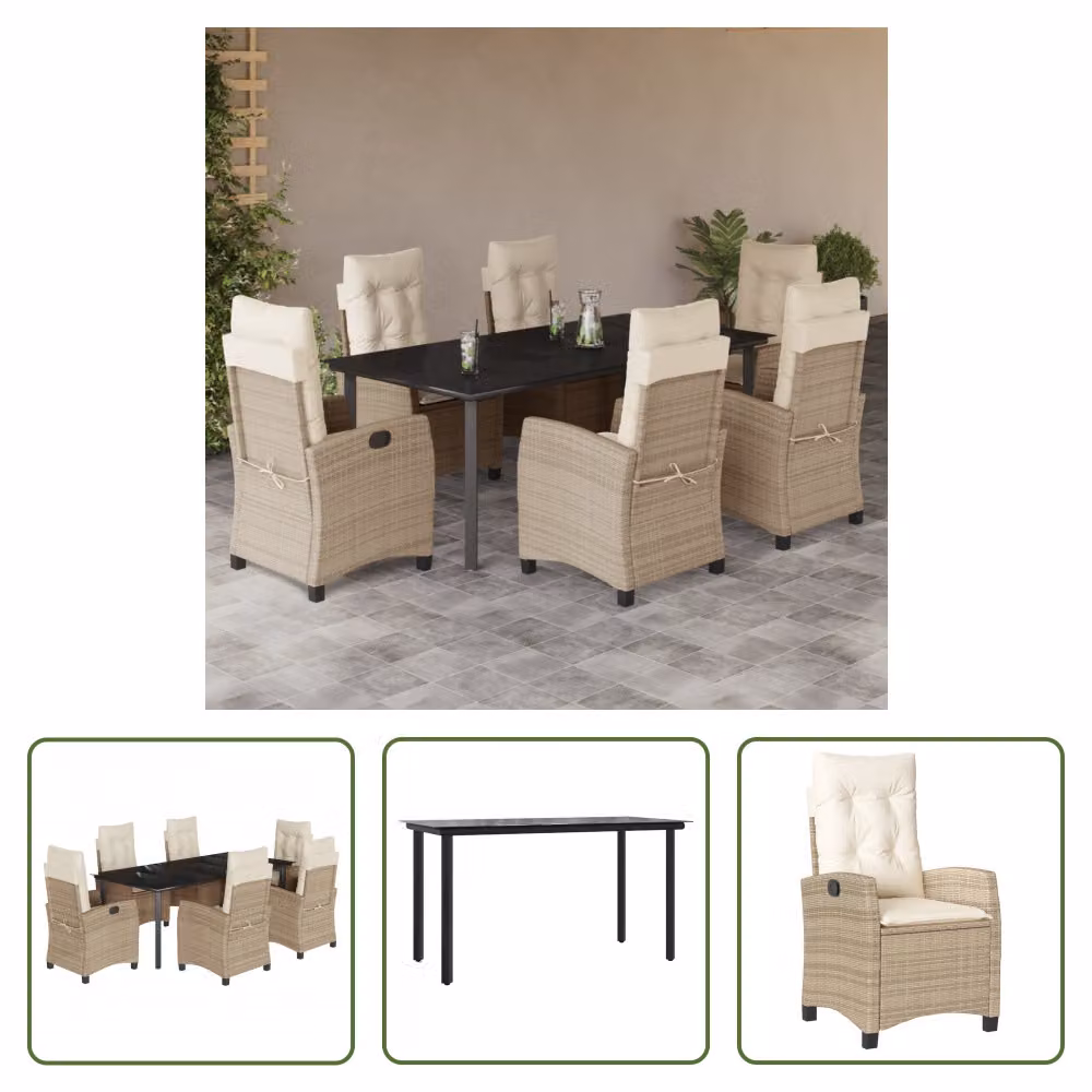 The Living Store Set da pranzo da giardino 7 pezzi con cuscini Beige poly rattan