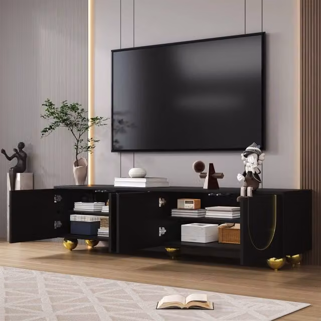 Mobile TV quattro ante push to open con cerniere ammortizzate in pannello truciolare nero e oro 170 × 38 × 44 cm