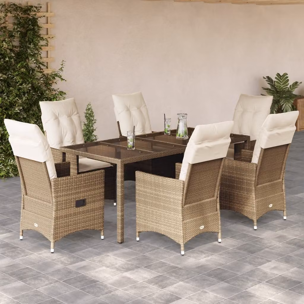 vidaXL Set da Pranzo da Giardino 7 pz in Polyrattan con Cuscini Beige e Piano in Vetro – 1