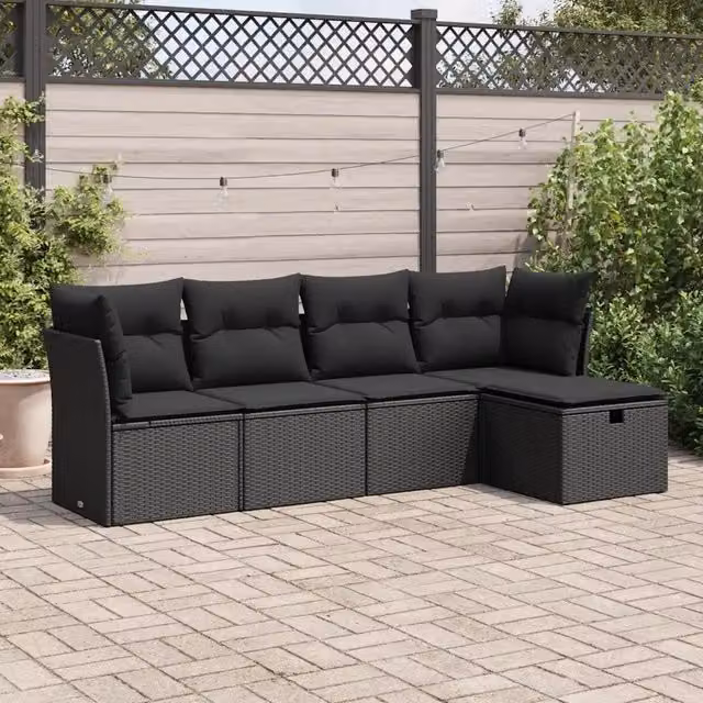 Set Divani da Giardino 5 pz con Cuscini in Polyrattan Nero 3325261