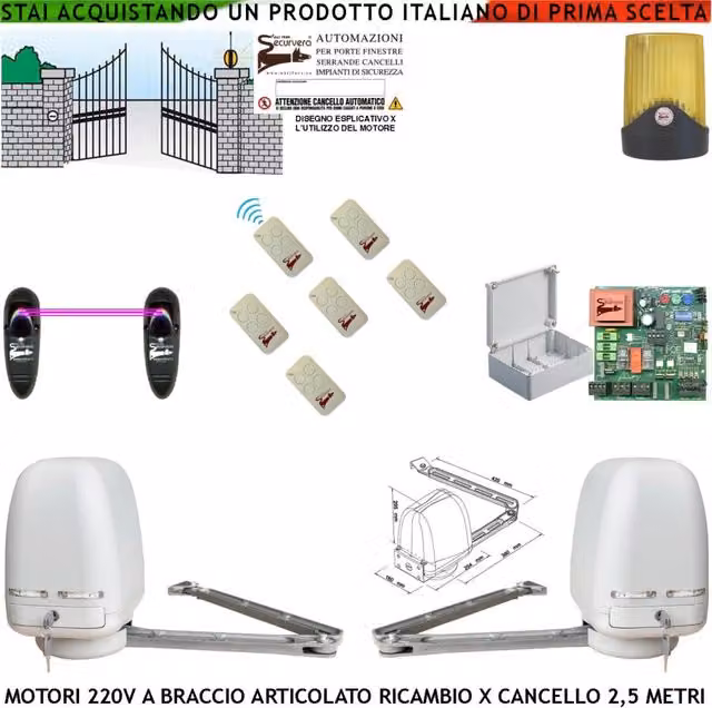 Cancello Elettrico 5 Metri 2 Ante da 0,5 a 2,5 Metri 2 Motori Braccio Articolato 220 V 250 NM Accessori Ricambio Automatismo Centrale 6 Radiocomandi Fotocellule