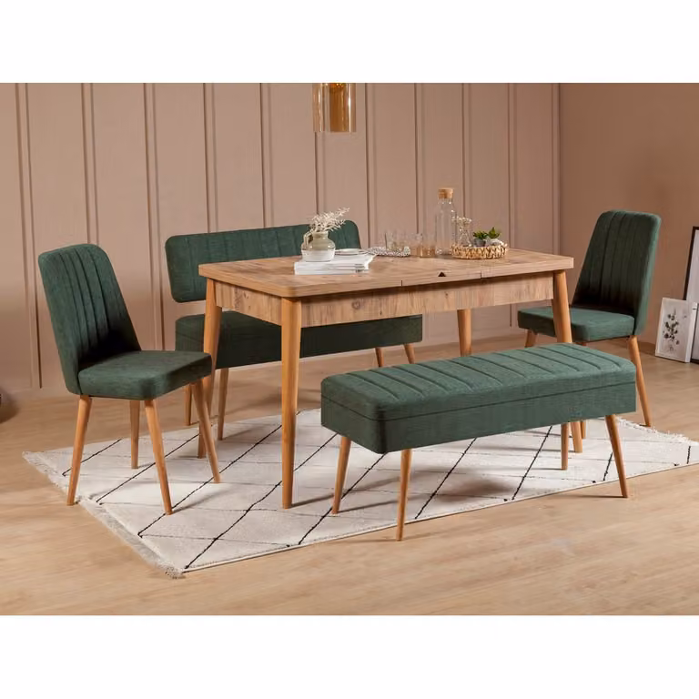Skye Decor, Vina 1070 - 4 - Atlantic, Green, Set composto da tavolo da pranzo allungabile e sedie (5 pezzi), pino atlantico, 100% PANNELLI DI PARTICELLE RIVESTITI IN MELAMMINA, 163 x 80 x 75 cm