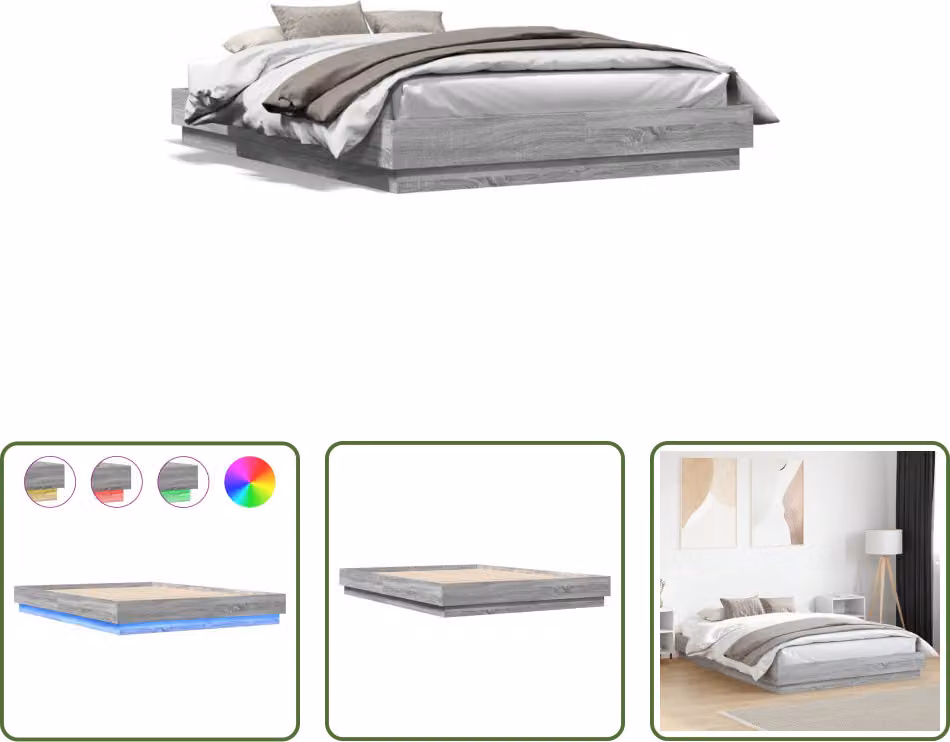 The Living Store Struttura letto con LED Grigio rovere Sonoma 150x200 cm