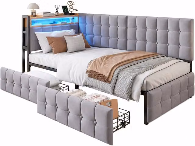 Divano letto singolo 90x200 cm con 2 cassetti; LED; USB e USB-C in velluto grigio