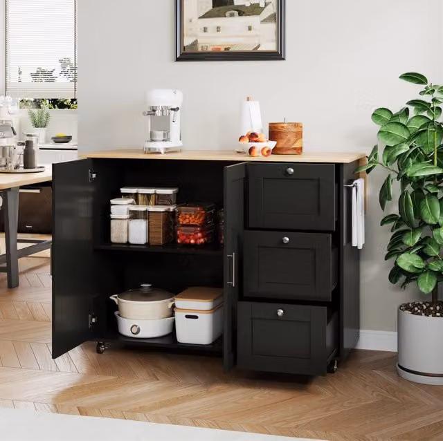Carrello cucina ULEVR 135x44(70)x90 cm con piano pieghevole, 3 cassetti, armadio a 2 ante e ruote