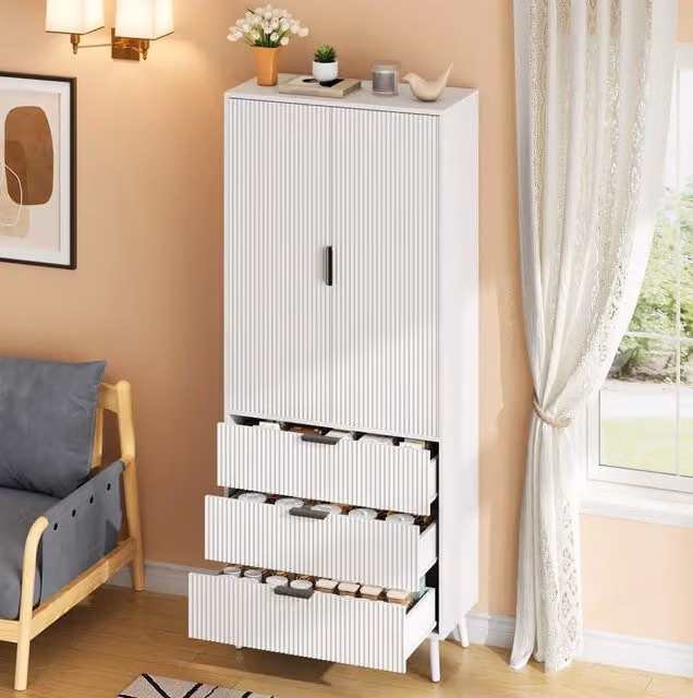 Armadio da cucina con 2 ante; 3 cassetti e ripiani regolabili; 75 x 35 x 180 cm; MDF bianco