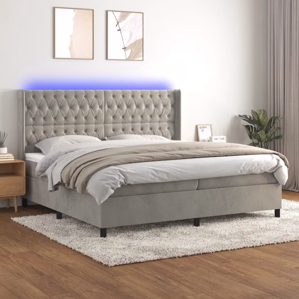 Letto Ibrido vidaXL in Velluto Grigio con Materasso a Molle Insacchettate, Illuminazione LED e Porte USB, L/P: 200 x 200 cm – 1