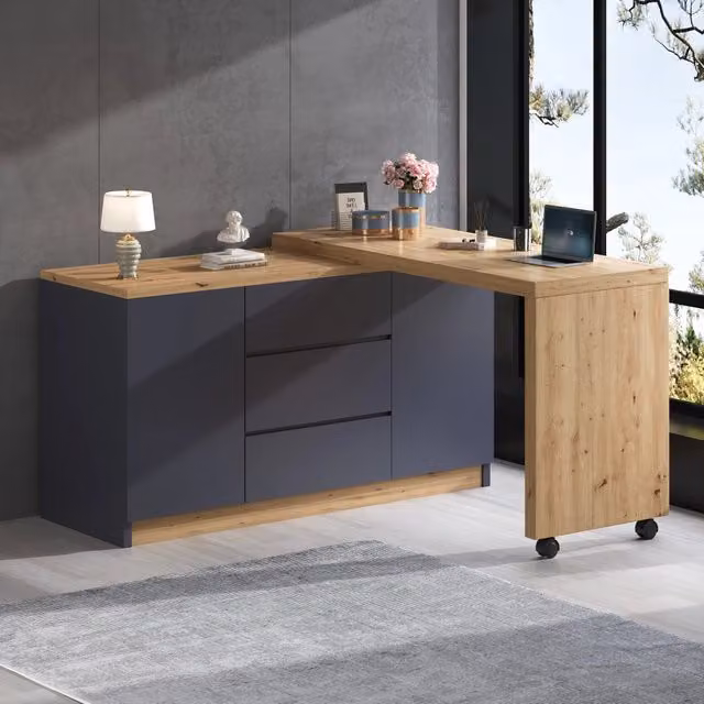 Scrivania girevole e pieghevole con 2 ante 3 cassetti ruote bloccabili grigio rovere 120 × 50 × 76.5 cm