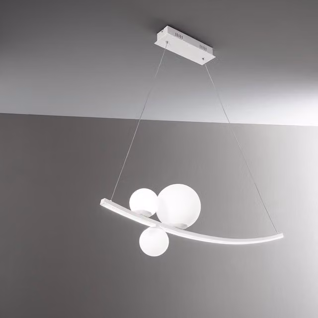 Lampada a sospensione Ondaluce in metallo e vetro, bianca e oro, con tecnologia LED dimmerabile e altezza regolabile