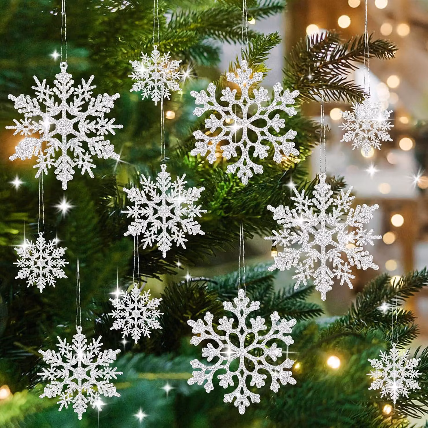 Albero di Natale artificiale, decorazioni per l'albero di Natale, fiocchi di neve, 36 pezzi, decorazioni per l'albero di Natale, fiocchi di neve, ornamenti da appendere
