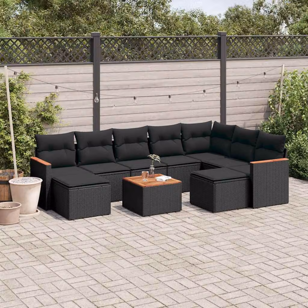 vidaXL Set Divani da Giardino 10pz in Polyrattan Nero con Cuscini e Tavolino da Esterno – 1