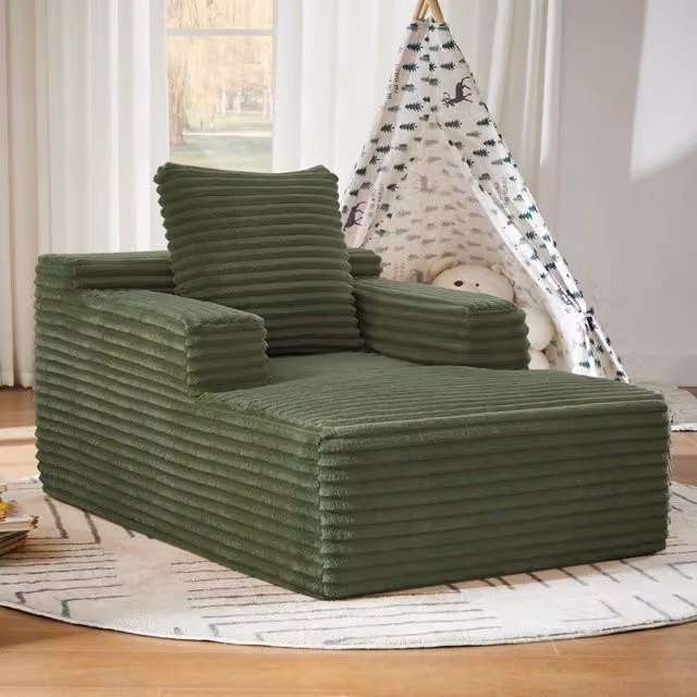 Divano Chaise Longue REDOM in Velluto a Costine Verde con Funzione Letto e Design Moderno a L