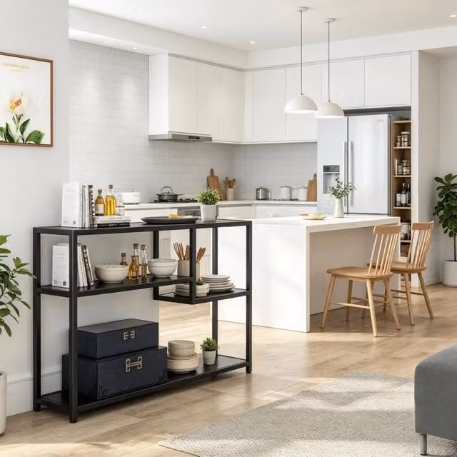 Tavolo consolle 110x30x85 cm con 4 ripiani in metallo e legno nero