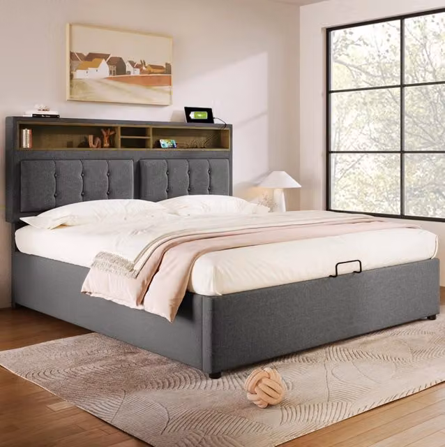 Letto matrimoniale imbottito ULEVR 140x200 cm con contenitore, testiera regolabile, prese USB e Type-C, grigio