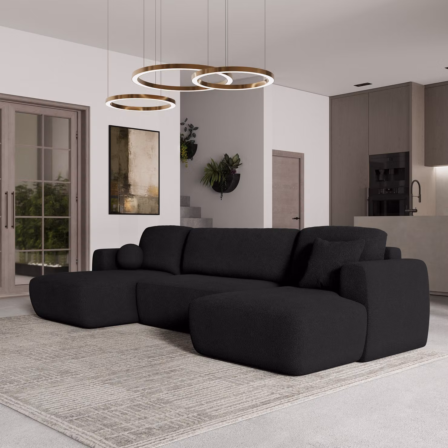 Divano angolare SENTUM N di Masseno con funzione letto a U, divano con box letto, divano da soggiorno, divano, divano letto, set di divani - nero, ORA O MAI PIÙ 100