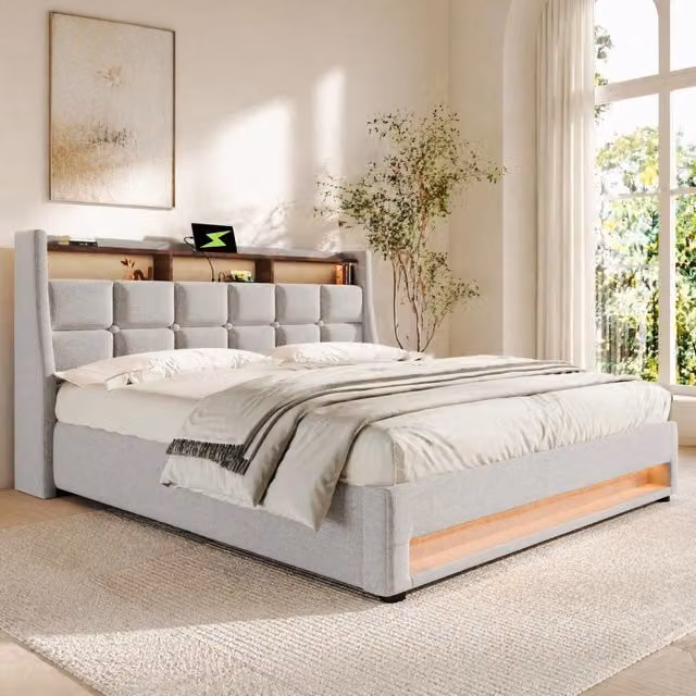 Letto imbottito REDOM beige con illuminazione LED, porta USB e base a contenitore, L/P/H: 140 x 200 x 117 cm