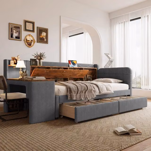 Letto singolo Chicfurn in lino grigio con scrivania, vano contenitore ribaltabile e porte USB e Type-C, L/P/H: 90 x 200 x 101,5 cm