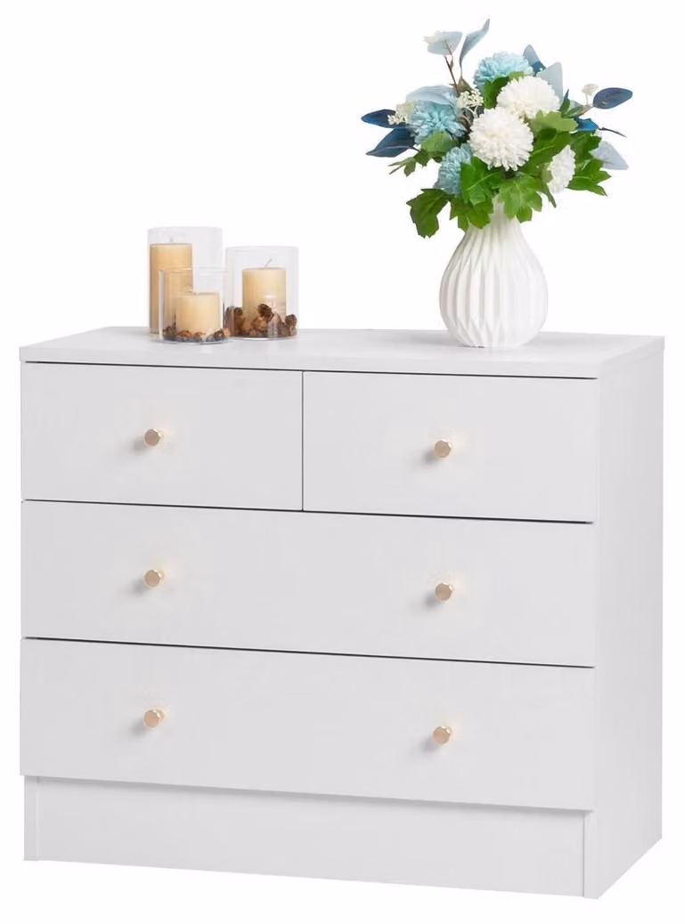 Comodino con 5 cassetti, colore bianco, realizzato in legno P2, dimensioni 66 x 33 x 73 cm