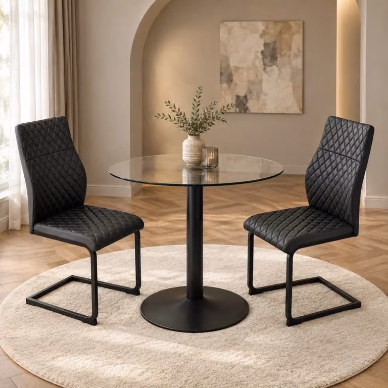 Set tavolo e 2 sedie Mivray moderno con tavolo rotondo in vetro trasparente e sedie in similpelle nera