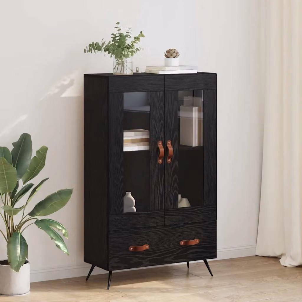 Credenza moderna vidaXL in rovere e nero con ante in vetro e ripiani interni, L/P/H: 115 x 69,5 x 31 cm