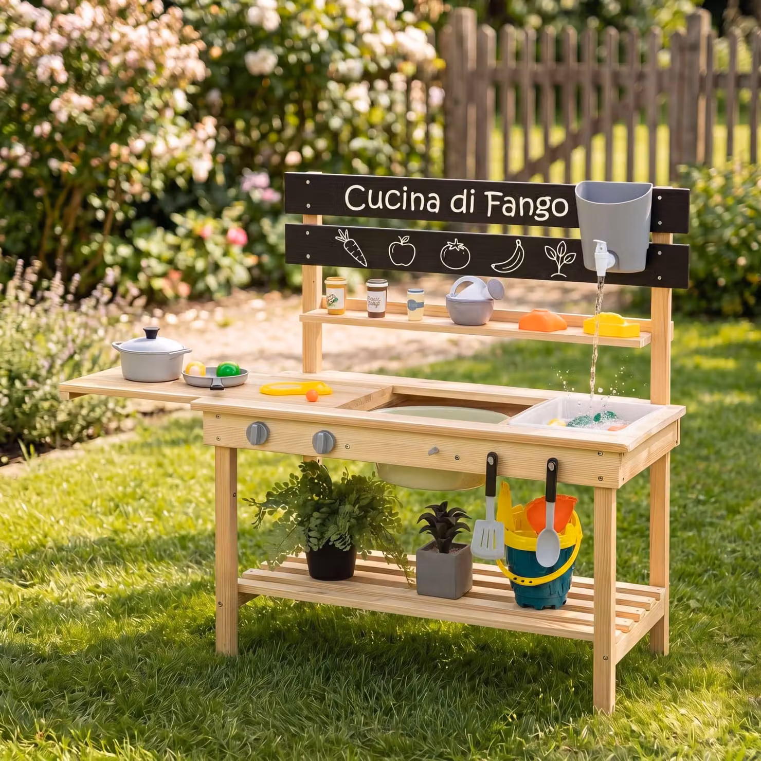 Cucina giocattolo in legno massello Costway con piano allungabile e lavagna, cucinetta da esterno multicolore per bambini dai 3 anni in su