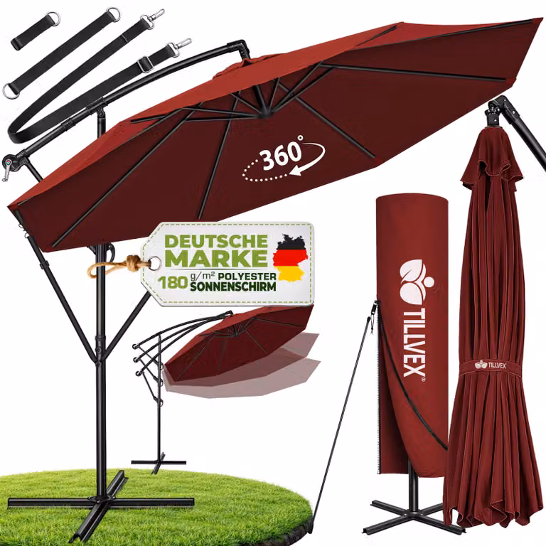 tillvex ombrellone rosso Ø 300 cm ombrellone pensile da giardino ombrellone da mercato ombrellone a manovella balcone alluminio inclinabile