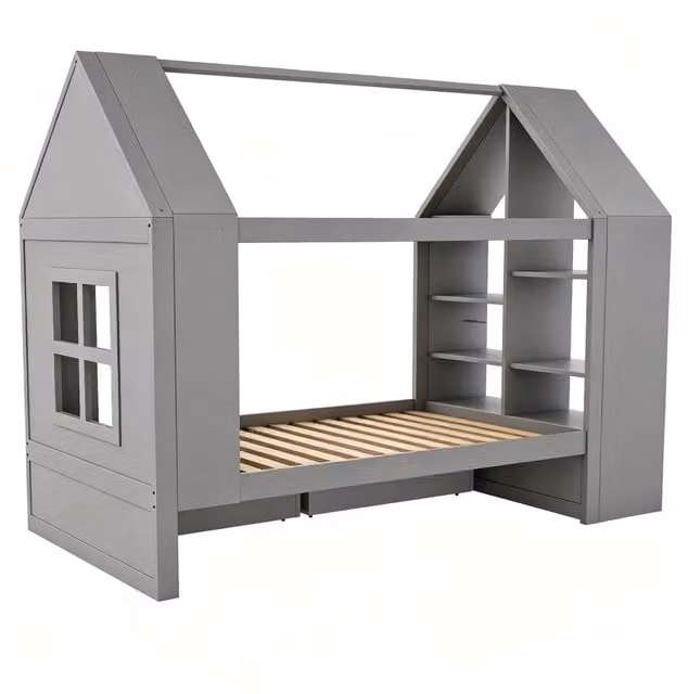 Letto singolo per bambini Chicfurn con illuminazione LED, vani laterali e 2 cassetti, colore grigio, L/P/H: 200 x 90 x 120 cm