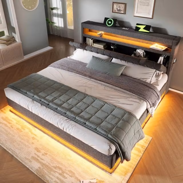 Letto matrimoniale 140x200 con contenitore ad apertura idraulica; testiera LED e USB; lino grigio