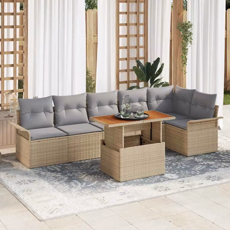 Set Divano da Giardino vidaXL a Forma di L in Polyrattan con Tavolino e Cuscini, 7 Pezzi, Beige e Grigio