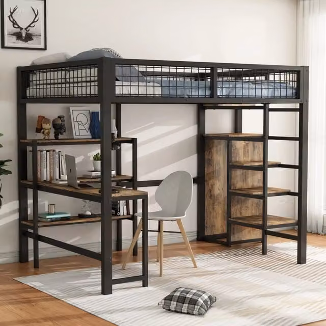 Letto a castello nero marrone con scrivania e armadio in metallo e MDF 140x200 cm
