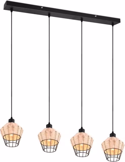 Lampadario a sospensione Reality Leuchten in rattan e metallo bronzo e nero, regolabile e dimmerabile, per 4 lampadine E27