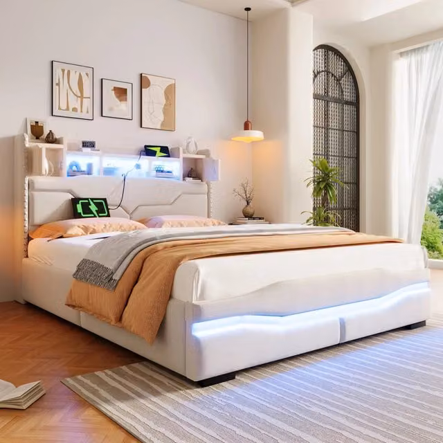 Letto imbottito 140x200 con contenitore idraulico; LED; prese USB e USB-C; lino e MDF beige