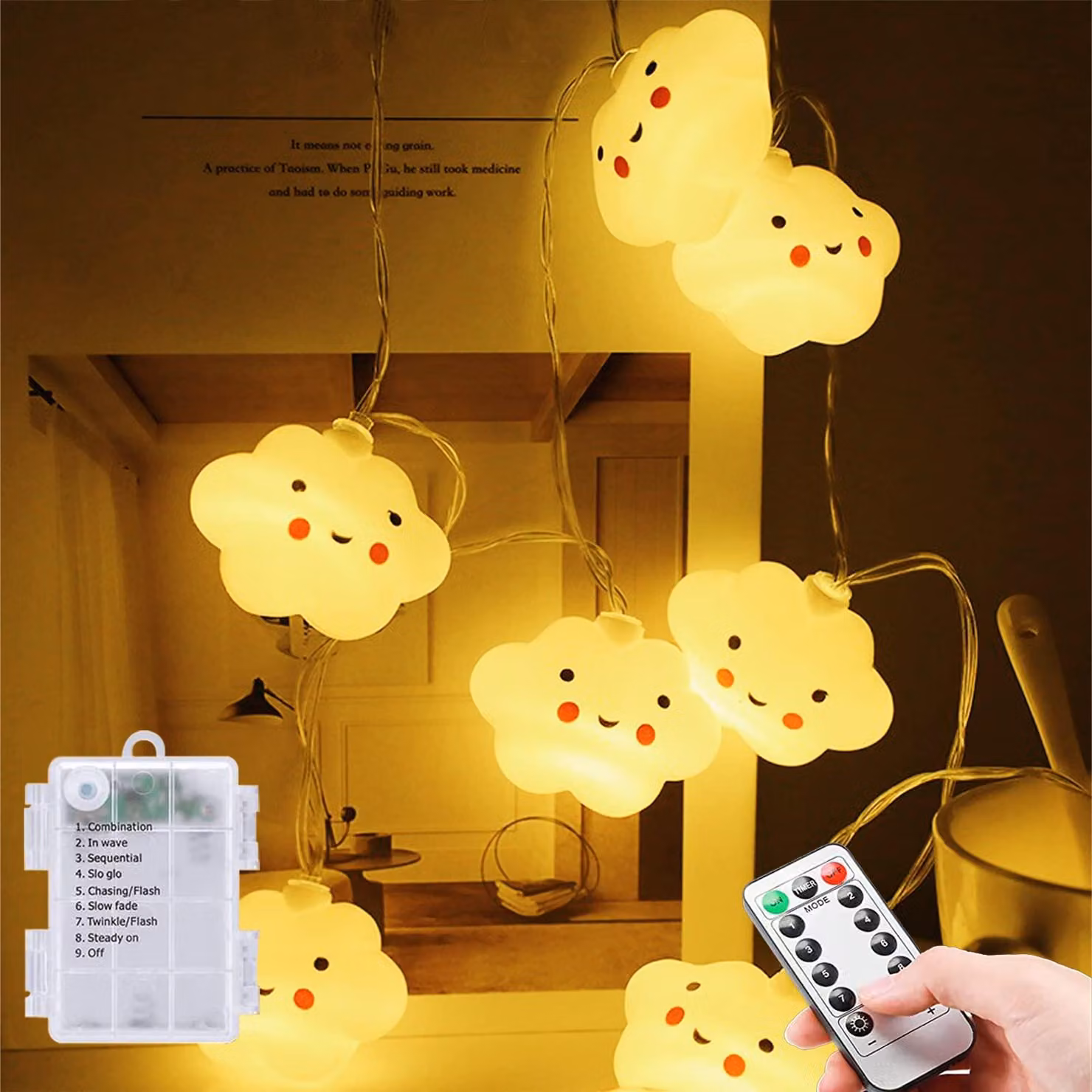 Catena luminosa da 3 metri, con 20 LED bianco caldo, 8 modalità, timer, alimentazione a batteria, motivo: nuvole