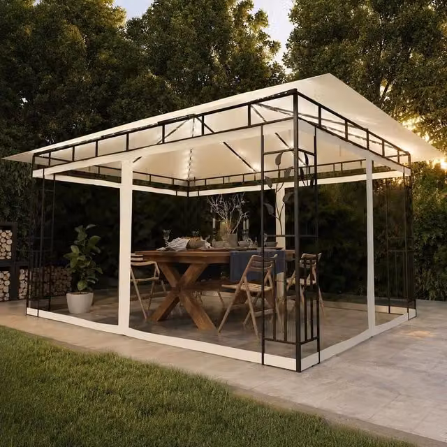Pavilion With Mosquito Net & LED String Lights 4x3x2.73m Cream White
