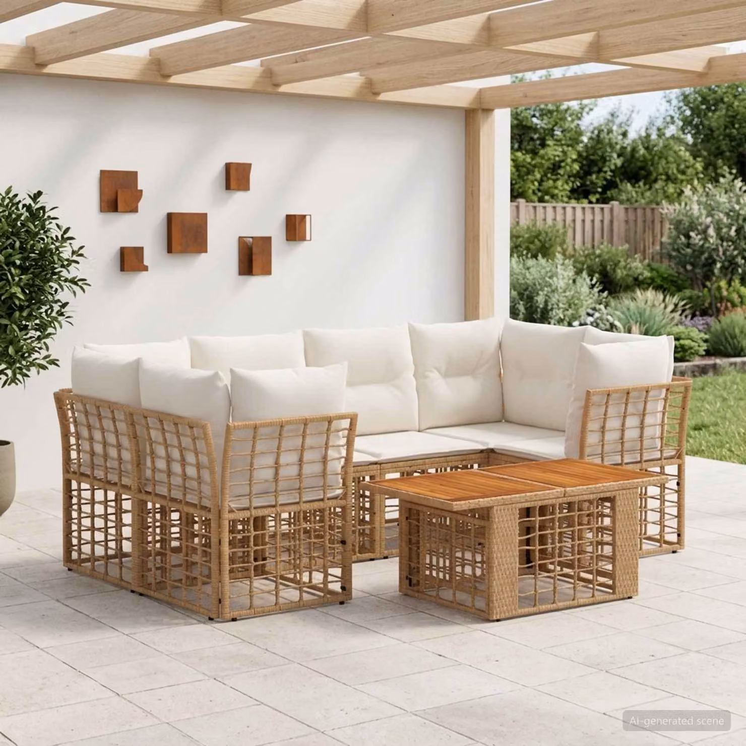 Set Divano da Giardino vidaXL 7 pz a Forma a L con Tavolino, Polyrattan e Struttura in Acciaio, Colore Naturale e Bianco Crema