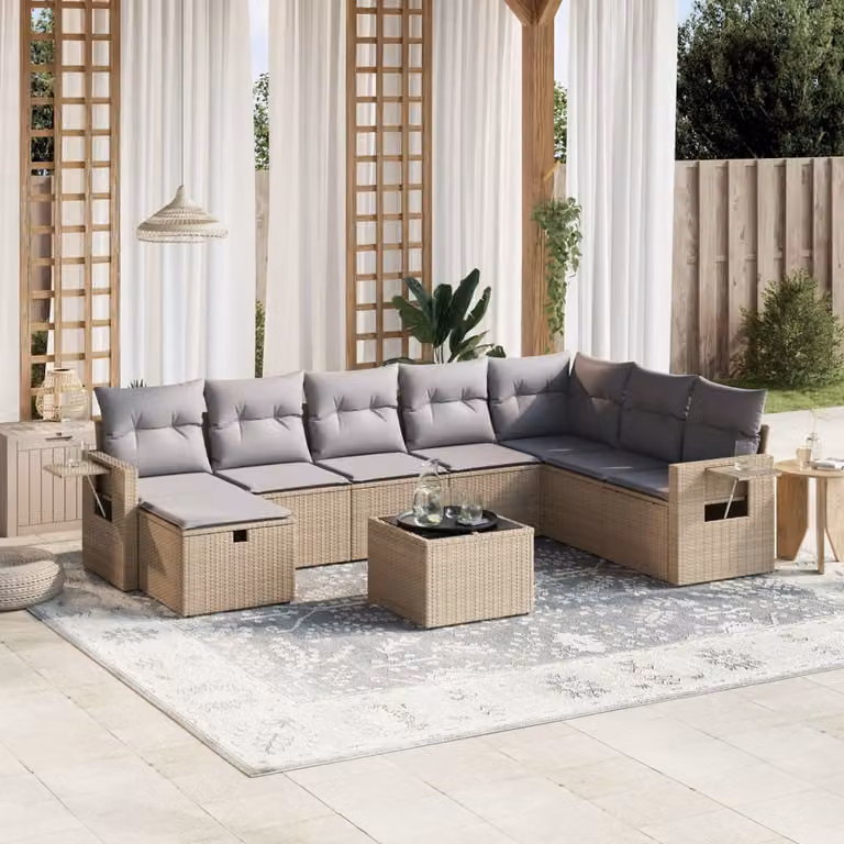 vidaXL Set Divano da Giardino a L 9 pz con Cuscini Beige e Grigio in Polyrattan e Acciaio