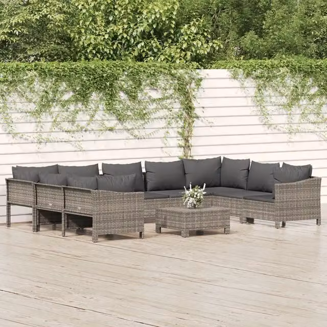 Set Divani da Giardino 10 pz con Cuscini in Polyrattan Grigio 3187305