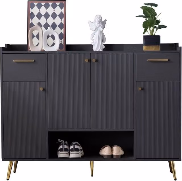 Scarpiera con 2 cassetti, 4 ante e vano aperto, piedi alti, per ingresso, in truciolare nero, 130 × 37 × 100 cm
