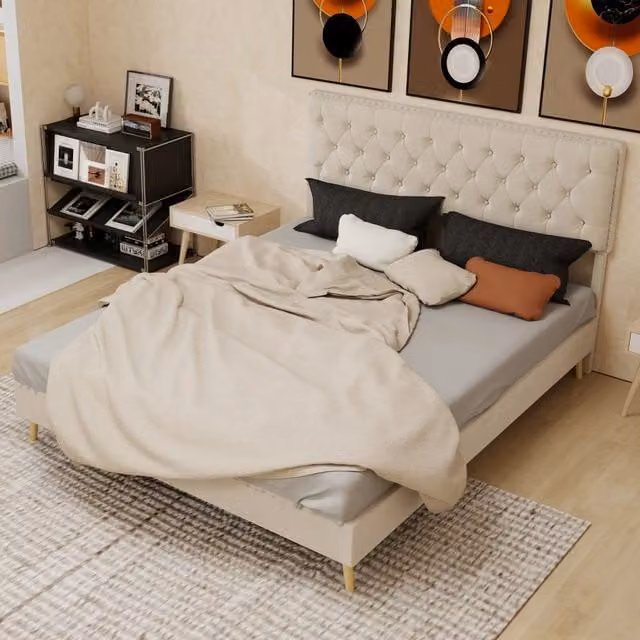 Letto matrimoniale 160 × 200 cm 2 posti, testiera alta e spazio sottoletto, velluto beige, senza materasso