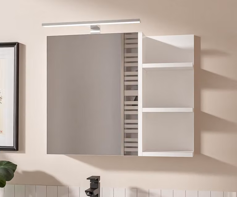 Armadietto Bagno Bianco con Specchio e Luce LED 60x50 cm Pensile Bagno 1 Anta Apertura Senza Maniglia Ripiani a Destra