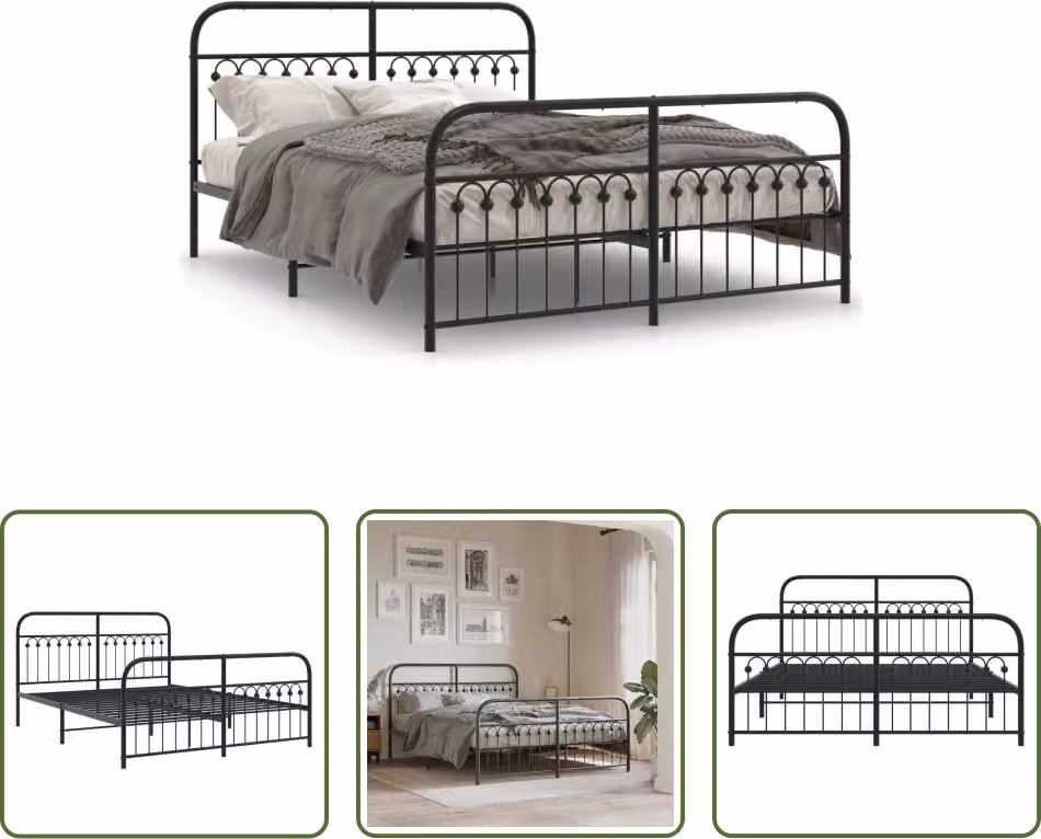 The Living Store Struttura letto con testiera e pediera in metallo nero 150x200 cm
