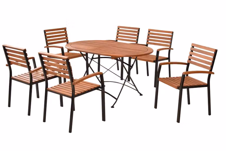Set di mobili da giardino Merxx Schlossgarten 7 pezzi, 6 sedie impilabili, 1 tavolo pieghevole 140 x 90 cm - acciaio piatto/eucalipto