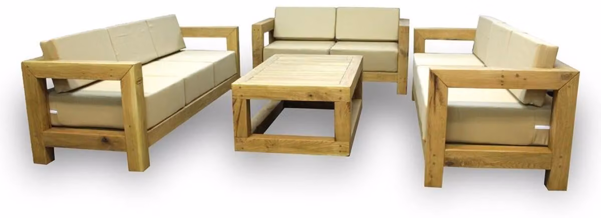 Casa Padrino Set di mobili da giardino in legno massiccio Beige / Colori naturali - 3 divani e 1 tavolino - Mobili da giardino e patio in rovere moderno