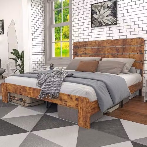 Letto matrimoniale AIORBER 140x200cm con testata alta, struttura robusta, spazio di archiviazione, silenzioso, facile da montare, marrone