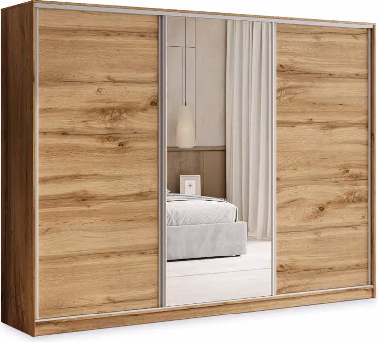 Armadio scorrevole Masseno TARI 270/205/58 cm Armadio con 4 cassetti Armadio per camera da letto a 3 ante con specchio Rovere Wotan